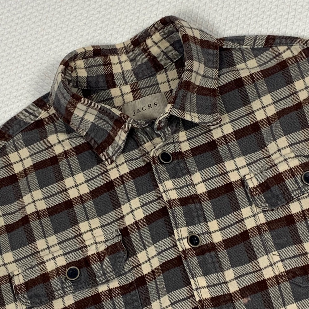 Jachs NY Mens M Grey Brown Plaid Flannel Button Down Long Sleeve Shirt